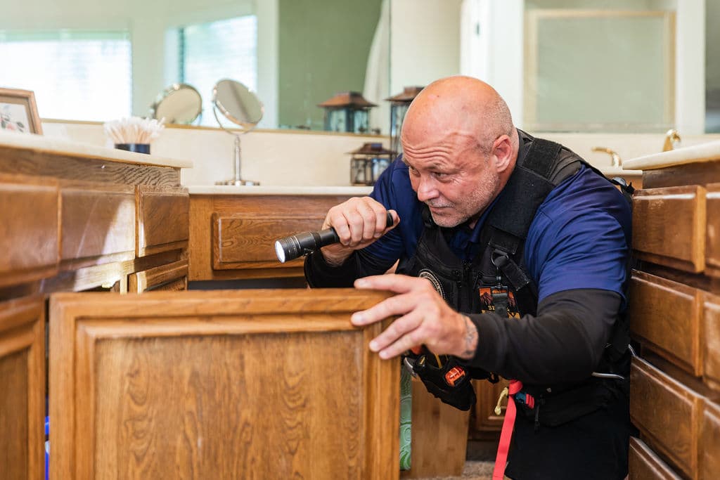 Trident inspector checking plumbing under a bathroom cabinet during a unit inspection